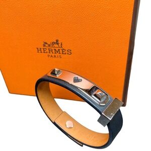 HERMES Blue Leather Heart Charm Bracelet